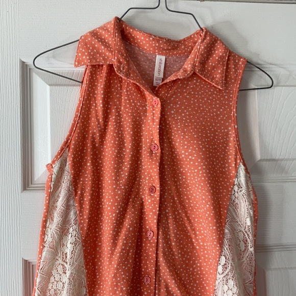 Exhilaration orange peach sheer Floral lacy button front Highlow shirt blouse - Picture 4 of 17